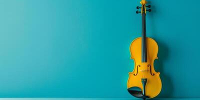 Bright Yellow Violin on a Turquoise Background with Modern Aesthetics photo