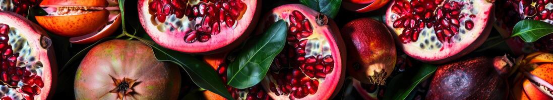 A close up of a bunch of fruit, including pomegranates and oranges photo