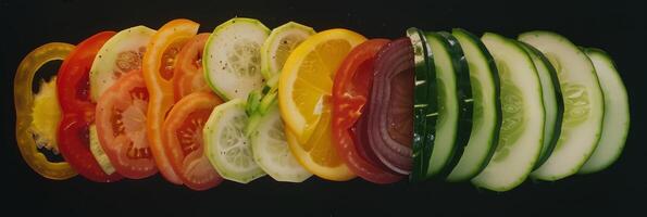 A row of colorful vegetables including tomatoes, cucumbers, and peppers photo