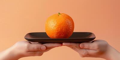 A person holding an orange on a plate photo