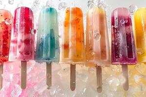 A row of colorful ice pops with a blue one in the middle photo