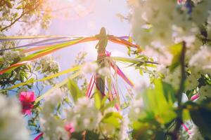 un manojo de flores con cintas atado a ellos foto