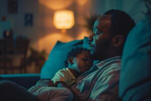 Middle Aged Black Man Watching a Movie with Sleeping Child in a Cozy Room photo