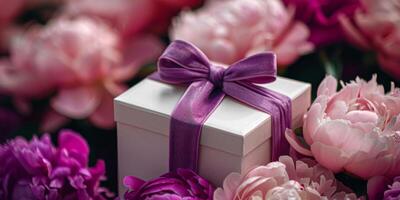 A white box with a purple bow sits on top of a bed of pink flowers photo