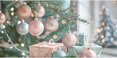 A Christmas tree with many ornaments, including pink and blue balls photo