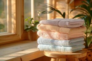 A stack of towels in various colors are piled on top of each other photo