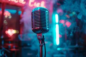 A microphone is on a stand in front of a neon sign photo