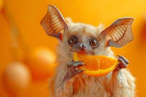 curioso murciélago participación un rebanada de naranja con un vívido naranja antecedentes foto