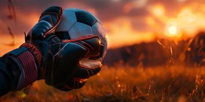 A soccer ball is in the air, and the sun is setting in the background photo