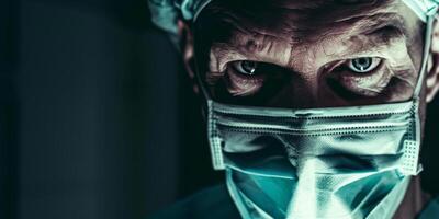 Male Surgeon Wearing a Mask and Surgical Cap in Intense Lighting photo