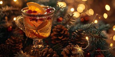 A glass of liquid with a slice of orange in it is on a table with pine cones photo