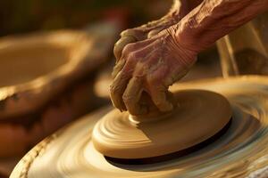 A potter s wheel is being used to make a pot photo