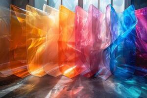 A series of colorful plastic sheets are arranged in a row photo