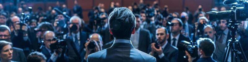 A man stands in front of a crowd of people, with a microphone in his hand photo