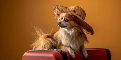 Small Alert Fluffy Orange and White Dog Posing with Suitcase and Hat photo