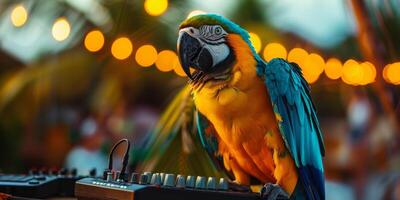 loro con brillante plumaje utilizando un pequeño DJ mezclador en un tropical ajuste foto