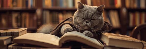 un gato es tendido en parte superior de un libro con sus patas en el paginas foto