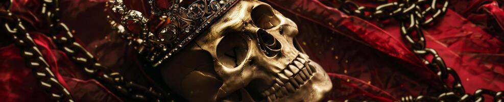 A skull is on a red cloth with a chain around it photo