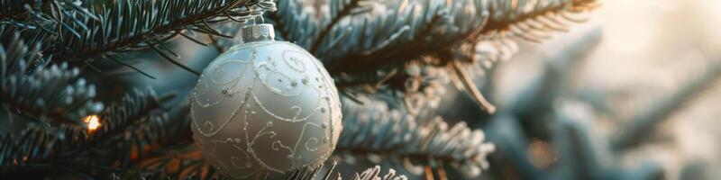 Elegant White Christmas Ornament Hanging on a Frosty Pine photo