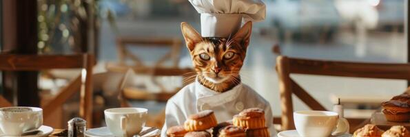 sofisticado abisinio gato vestido como cocinero a mesa con pasteles foto