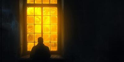 A man is sitting in front of a window with the sun shining through it photo