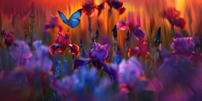 A colorful field of flowers with a butterfly flying through it photo