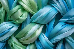 A colorful and intricate design made up of blue and green fabric photo