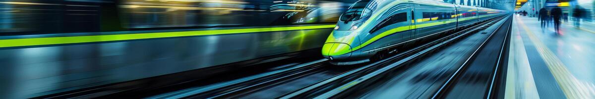 futurista alto velocidad tren en metálico verde y azul foto