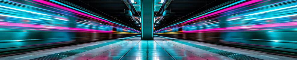 futurista tren estación plataforma con un tren en movimiento foto