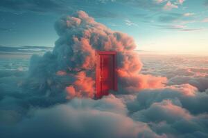 Mysterious Red Door Amidst Clouds Signifying Opportunity photo