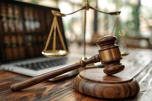 Judge s Gavel on a Laptop with Scales of Justice in the Background photo