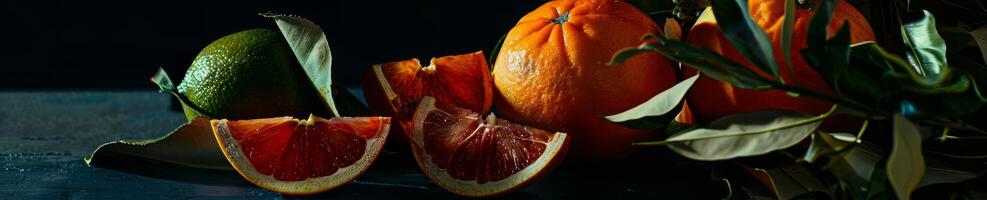 A close up of a table with a variety of fruits including oranges and grapefruit photo