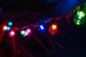 A string of colorful lights with a blue one in the middle photo