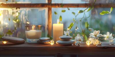 A candle and two glass containers with candles are on a wooden shelf photo