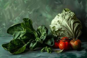 A bunch of vegetables including tomatoes, basil photo