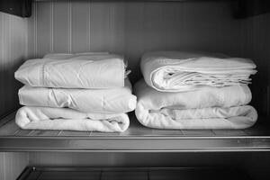 A shelf with white towels and sheets stacked on top of each other photo