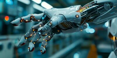 A robotic hand is shown in a factory setting photo