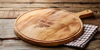 A wooden pizza pan sits on a wooden table photo