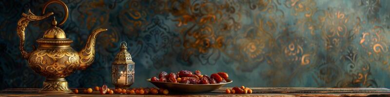 Golden Genie Lamp and Dates on Ornate Background photo