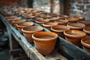 A row of brown clay pots are sitting on a wooden table photo