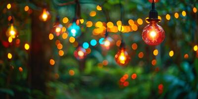 festivo jardín fiesta atmósfera destacado por cuerda luces foto