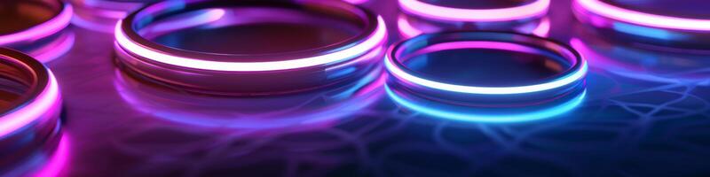 Glowing Neon Purple and Blue Rings on Reflective Surface photo