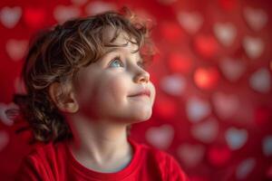 Child in Bright Red Shirt with Heart Background photo