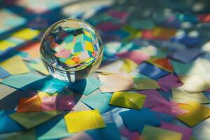 Crystal Clear Glass Sphere on a Table with Colorful Notes photo