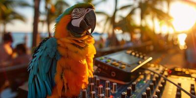 A colorful parrot perched on a DJ console photo