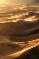 dorado puesta de sol terminado vasto arena dunas con cifras caminando foto