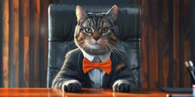 Businesslike Cat in Formal Outfit Sitting at Desk photo
