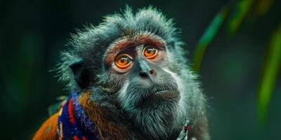 pensativo mono en tradicional traje en medio de verdor foto
