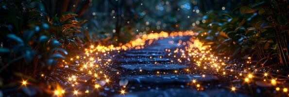 un camino en un bosque es iluminado arriba con brillante luces foto