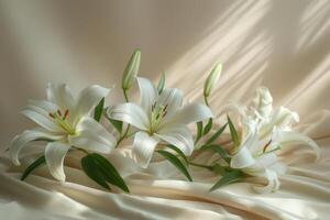 Several White Lilies Evenly Spaced on Elegant Fabric photo